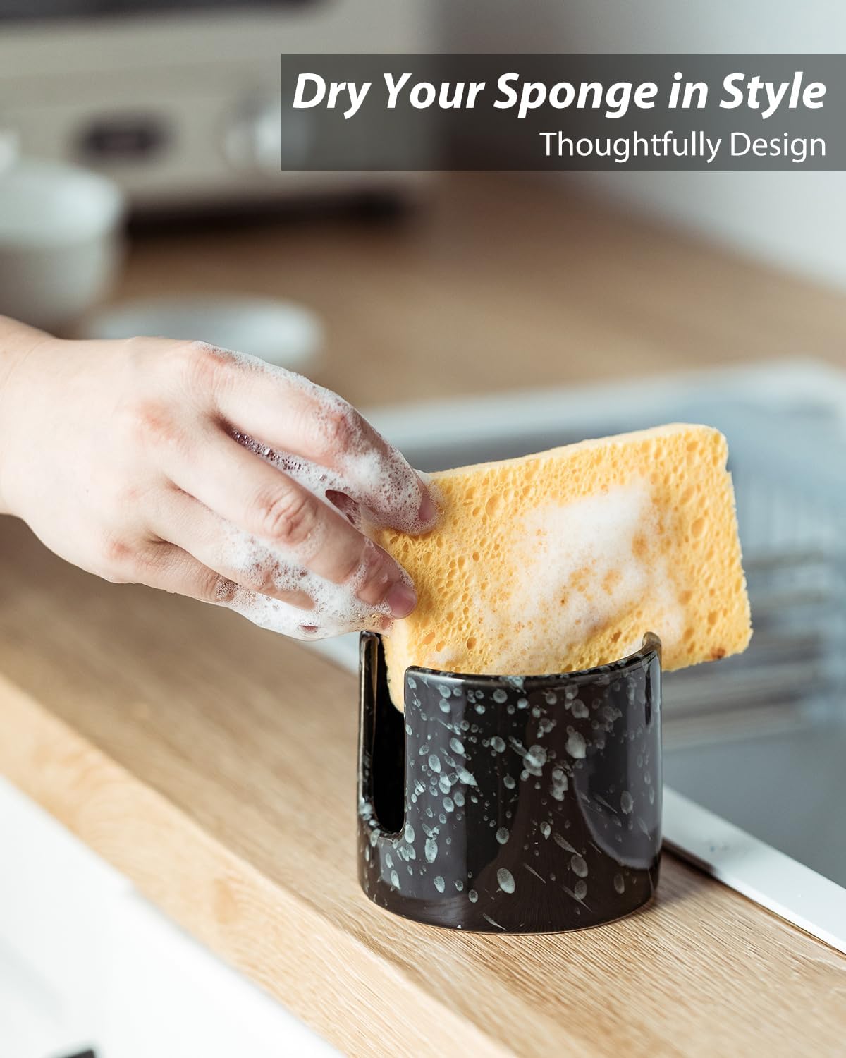 Sponge Holder for Kitchen, Ceramic Sink Caddy Scrub Sponge Rack Dish Rack Scrubbers Holder for Kitchen Sink, Bathroom, Black
