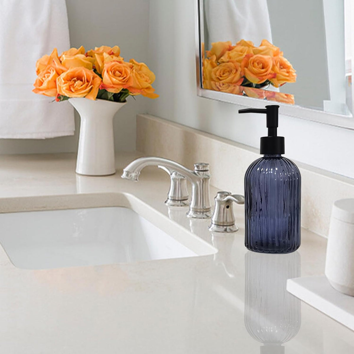 Glass Soap Dispenser with Black Plastic Pump, 13.5oz Refillable Hand Soap Dispenser for Kitchen, Bathroom, Great for Lotions, Essential Oil, Liquid Soap(Grayish Blue)