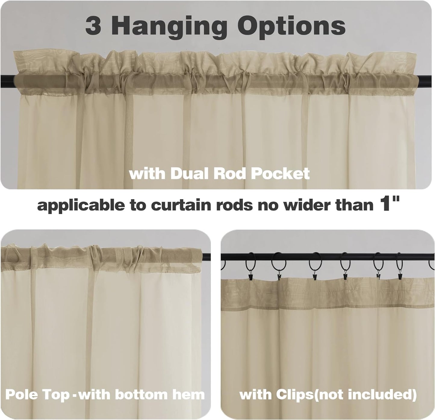 Chyhomenyc Taupe Sheer Curtains 36 inch Length 2 Panels, Light Filtering Voile Rod Pocket Short Window Curtians for Bathroom Living Room Farmhouse Small Windows, 42Wx36L inches