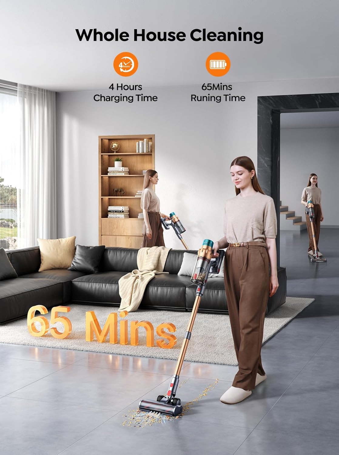 Cordless Vacuum Cleaner, 600W 50KPA 65 Mins Runtime Self-Standing Vacuum Cleaners for Home, Stick Vacuum with Charging Dock Station Removable Battery, Handheld Vacuum for Pet Hair/Carpet/Floor