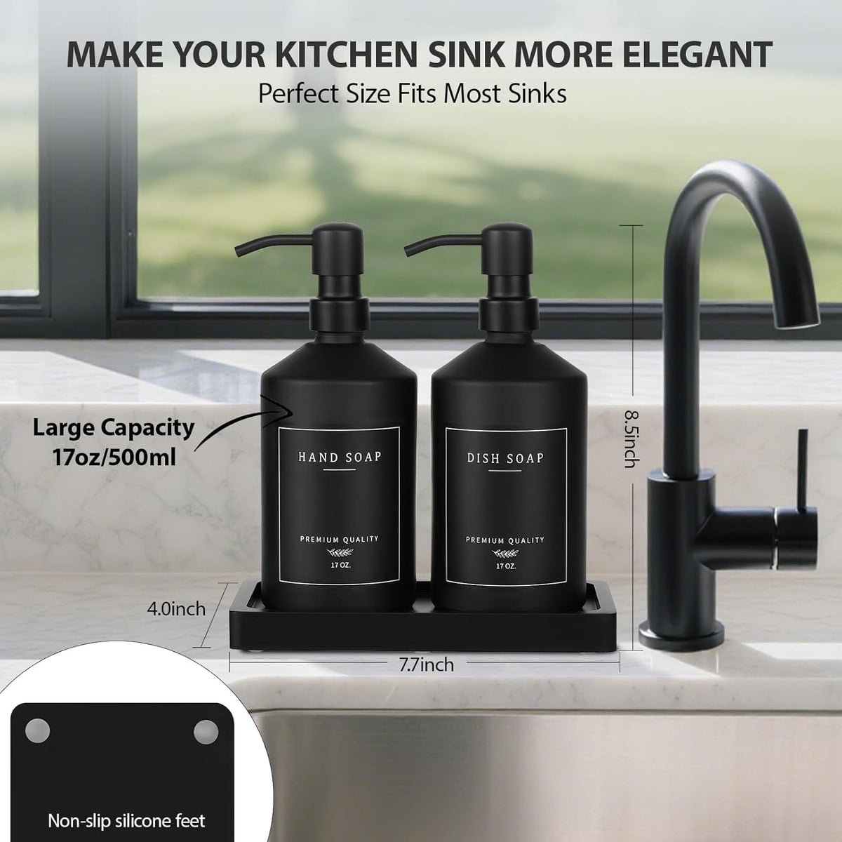 Matte Black Soap Dispenser Set, 17 OZ Hand and Dish Soap Dispenser Set, Bathroom Refillable Soap and Lotion Dispenser Set with Stainless Pump, Modern Liquid Soap Bottle Set(Black Bottle/Black Pump)