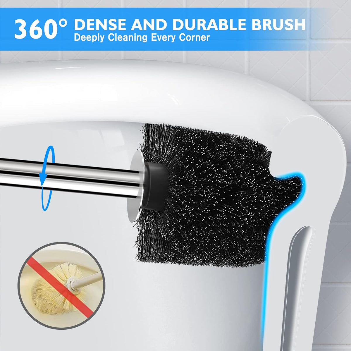 Toilet Brush and Holder 2 Pack, 304 Stainless Steel Toilet Brush with Extended and Durable Comfortable Brush Handle, Toilet Bowl Brush for Bathroom Toilet - Ergonomic, Pratical Durable (Gold)