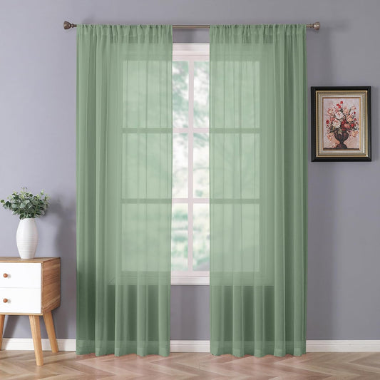 Tollpiz Sheer Curtains Linen Textured Bedroom Curtain Sheers Light Filtering Rod Pocket Voile Curtains for Living Room, 54 x 84 inches Long, Sage Green, Set of 2 Panels