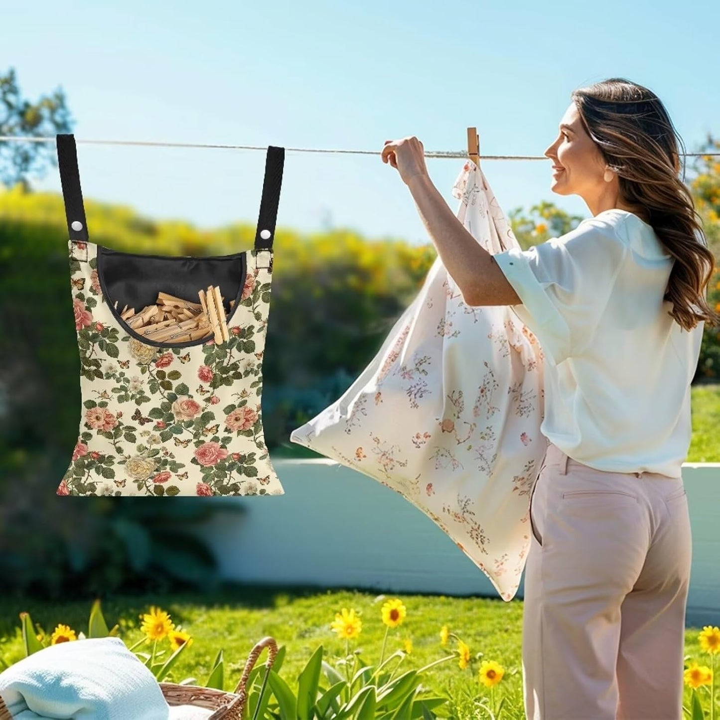 Floral Clothes Pin Hanging Bag with Hanging Rope 14.5 X 12 Inch Clothespin Bag for Clothes Pins and Clothespins - Heavy Duty Outdoor Use