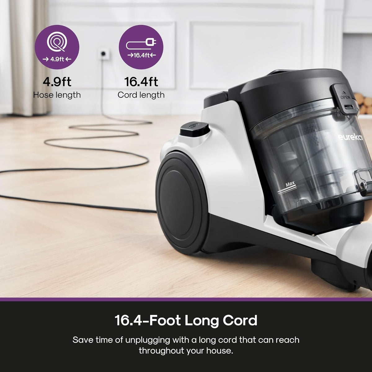 Eureka Bagless Canister Vacuum Cleaner, 1100W High Power Vacuum Cleaner for Carpets and Hard Floors HEPA Filter Extension Tube 2-in-1 Crevice Tool Floor Nozzle, NEN121WH