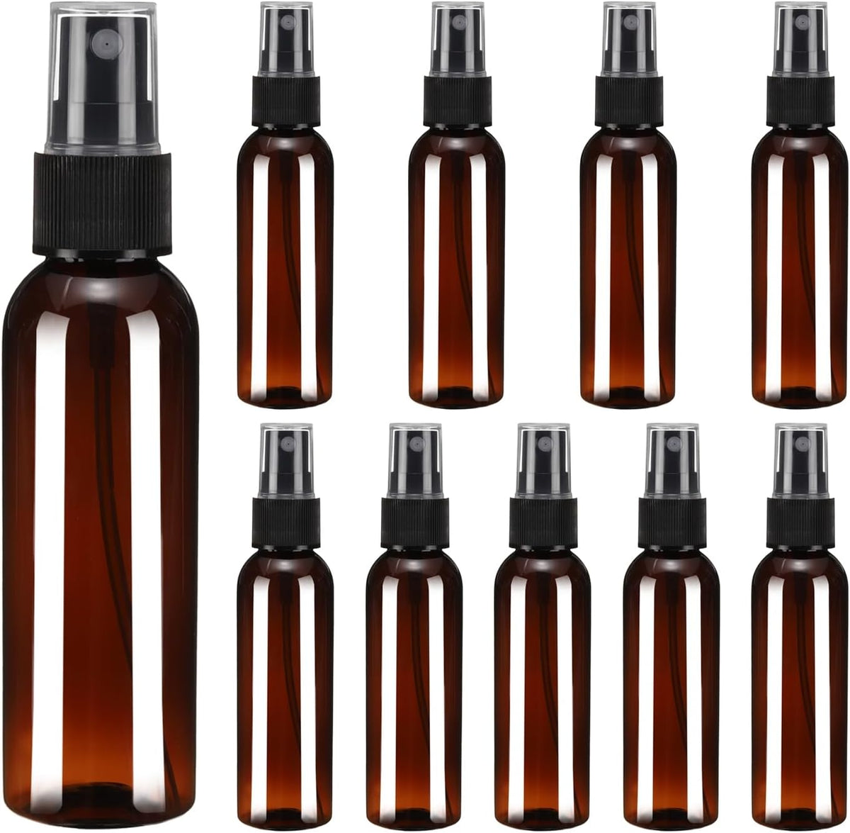 uxcell 10 Pack Spray Bottles, 2Oz/60ML Reusable Clear Empty Mist Plastic Mini Travel Bottle Set,Small Refillable Liquid Containers for Household Use, Essential Oil, Cleaning (Brown Black)