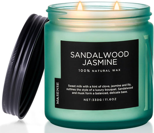 M&SENSE Sandalwood Jasmine Scented Candle, 11.6oz 70 Hours Burn Time Clean Non Toxic Natural Soy Wax Candle 2 Cotton Wick Home Decor for Mothers Day & Bathroom Bedroom