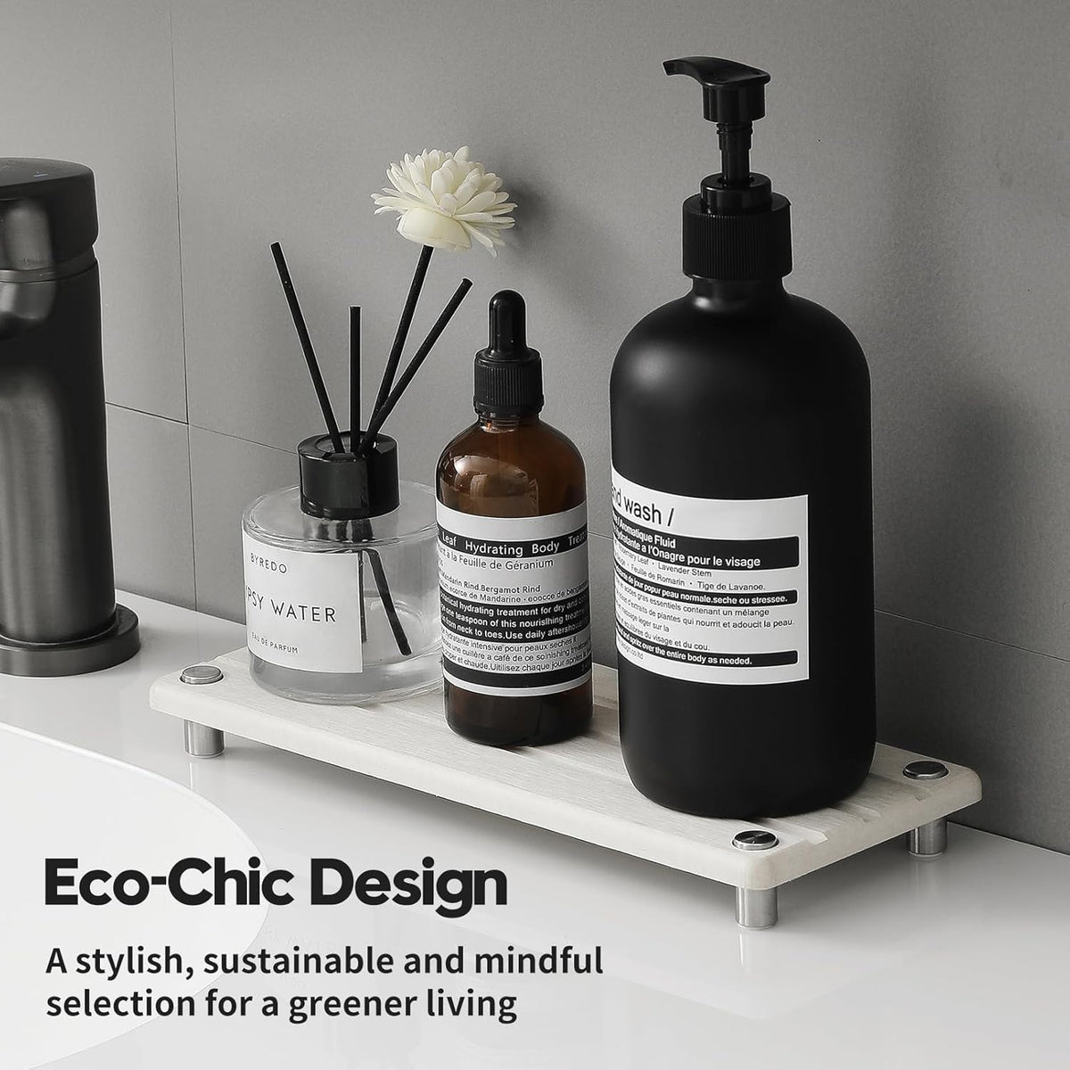 Quick Dry Bathroom Tray & Kitchen Sink Organizer, Water Absorbing Countertop Sponge Holder Soap Dish, Diatomaceous Earth Stone Vanity Dispenser Toothbrush Bottle, Gray Beige, 10" x 4"