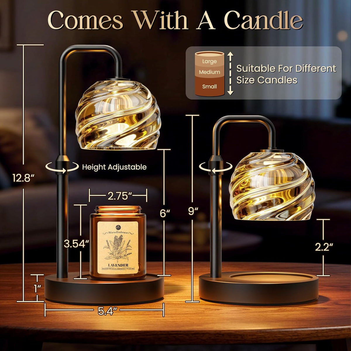 WarmEmbrace Candle Warmer Lamp with Lavender Candle Set, Electric Wax Warmer Lamp with Auto Timer & 4 Dimmable Lights, Adjustable Height for Jar Candles, Elegant Home Decor Gift for Women, Black