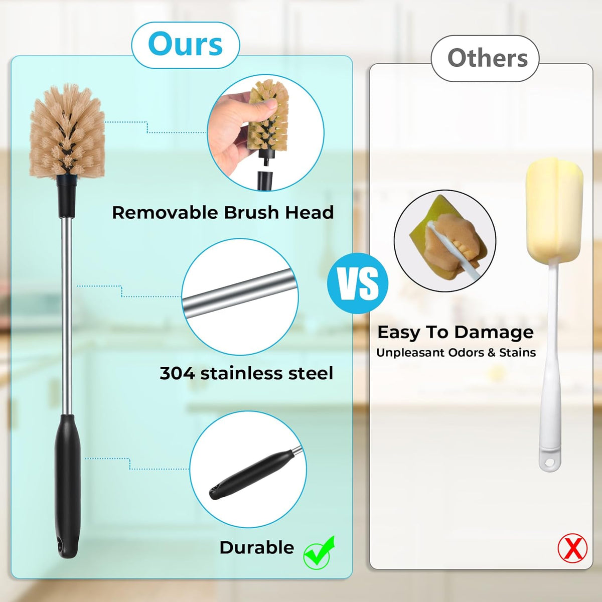 2-in-1 Long Handle Bottle Brush - Water Bottle Cleaning Accessories - Flexible Scrub Brush for Water Bottles,Mugs, Glasswares - with Replacement Brush Heads，Dishwasher Safe Reusable，Brown
