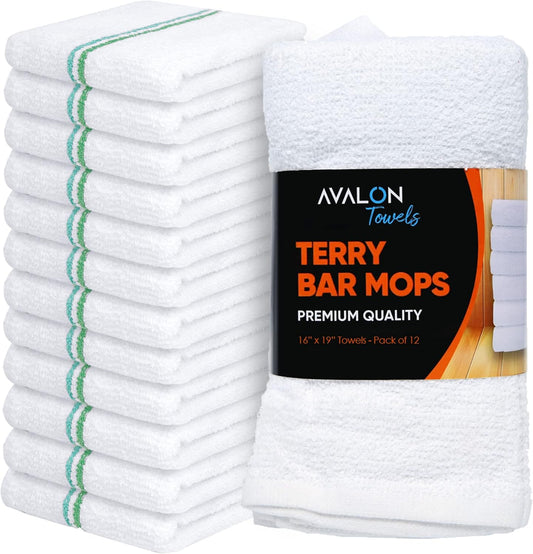 Avalon Towels Terry Bar Mop Towels (Value Pack of 12) Size 16"x19" – Absorbent and Durable, Multipurpose Cleaning Rags, Cotton Cleaning Cloths, Terry Cloth Rags, Reusable Shop Rag