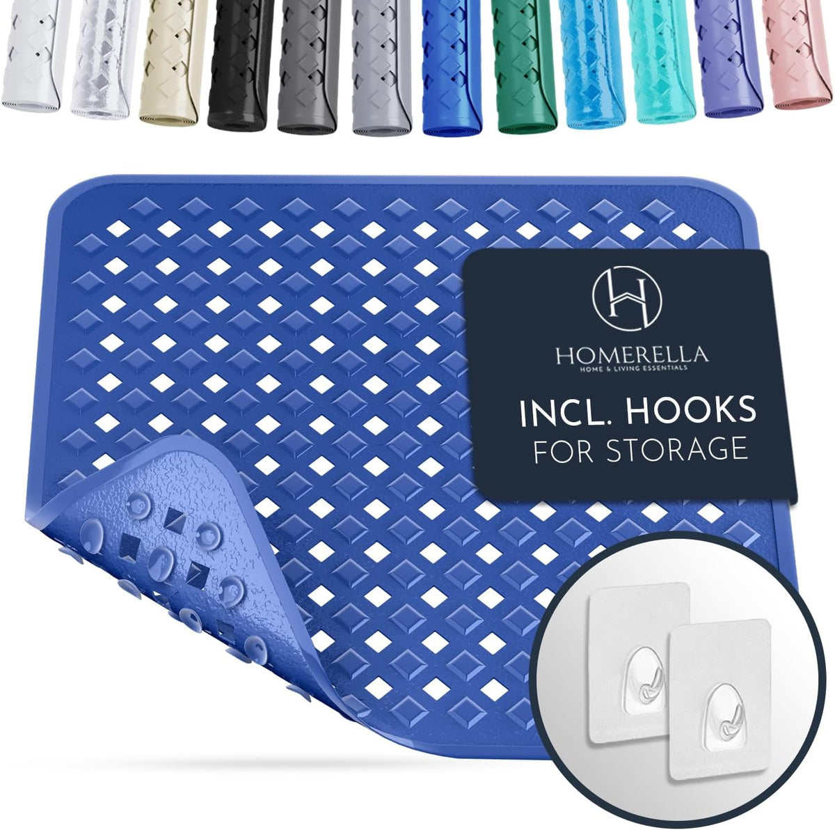 Homerella Anti Slip Shower Mat | Anti Mold Non Slip Bathtub Mat for Inside Shower | Square Floor Shower Mat 21 x 21 inch with Suction Cups for Grip & Hooks Hanging and Quick Drying | Machine Washable