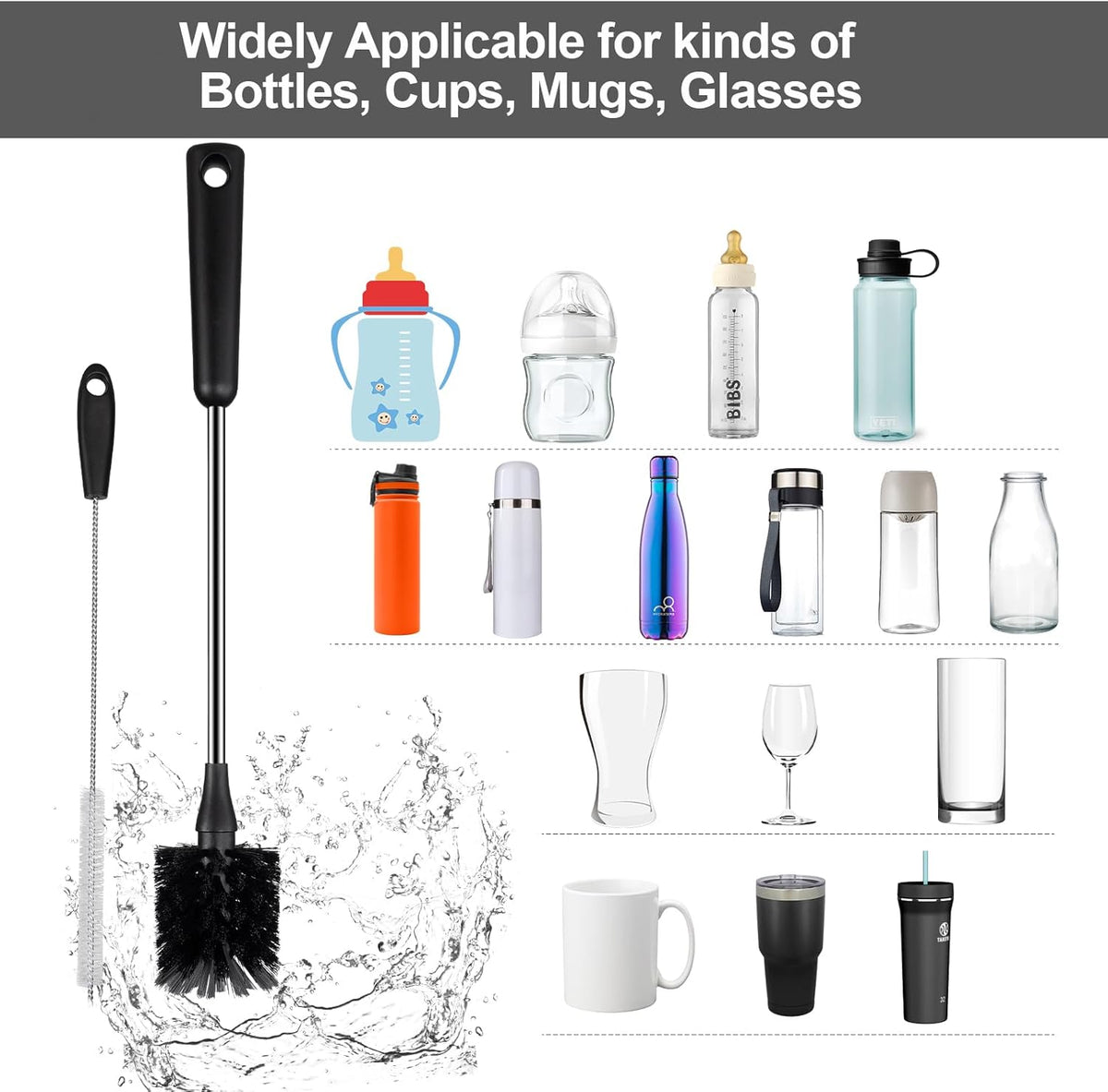 4 Pack Water Bottle Brushes with Straw Cleaner, Stainless Steel Handle Baby Bottle Brush Cleaner, Kitchen Scrub Cleaning Brushes for Cup, Wine Glasses, Coffee Mugs, Tumblers, Wine Decanters, Black