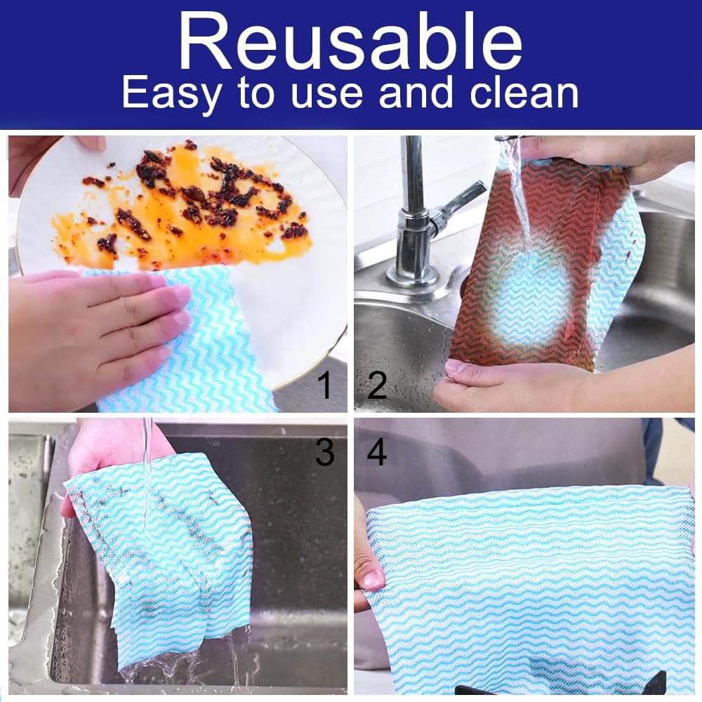 100 Count Disposable Cleaning Towels and Dish Cloths,Super Absorbent Dishcloths,Multi-Surface Cleaning Wipes for Kitchen Dishes, Windows, Bathroom (Blue)