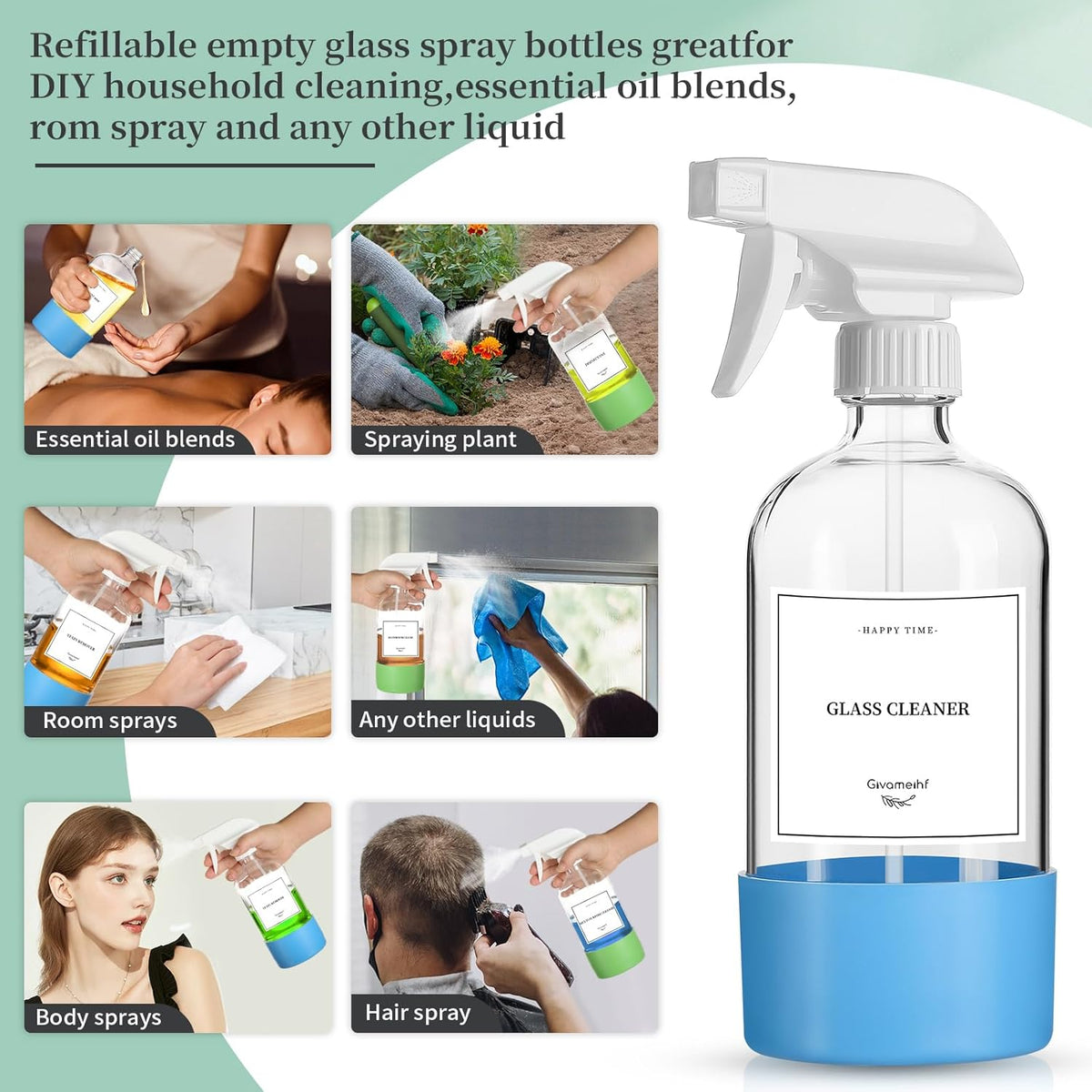 2 Pack Glass Spray Bottles with Silicone Sleeve,16oz Clear Glass Spray Bottles Refillable Empty Bottle with Adjustable Nozzle,Spray Bottle for Essential Oils,Cleaning Solutions,Pets,Hair