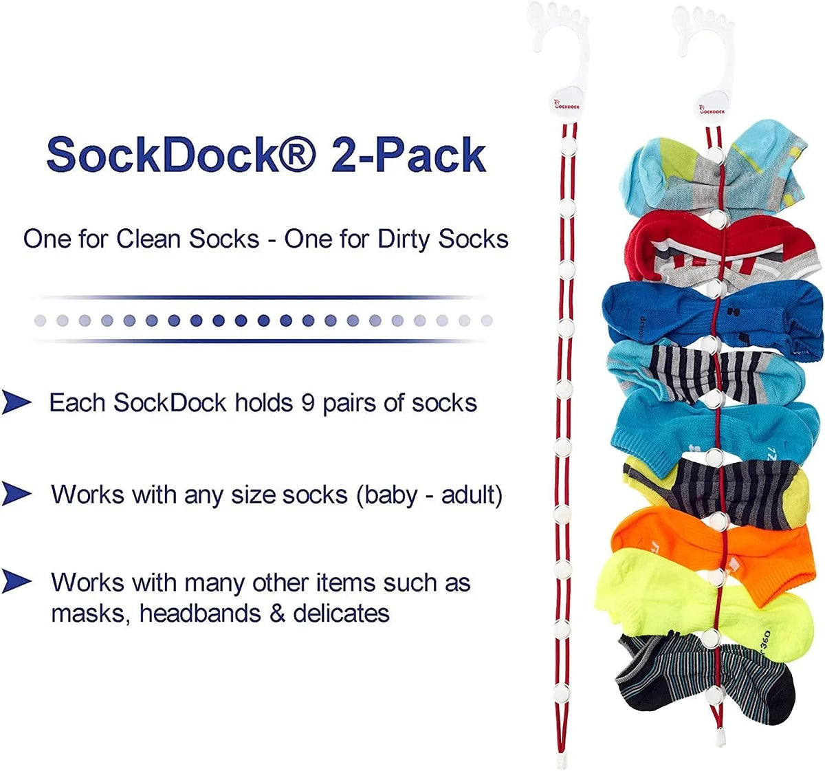 Sock Laundry Solution for Washing Drying & Storing Socks in Pairs, Clip & Hold Socks in Washer Dryer & Closet 2-Pack