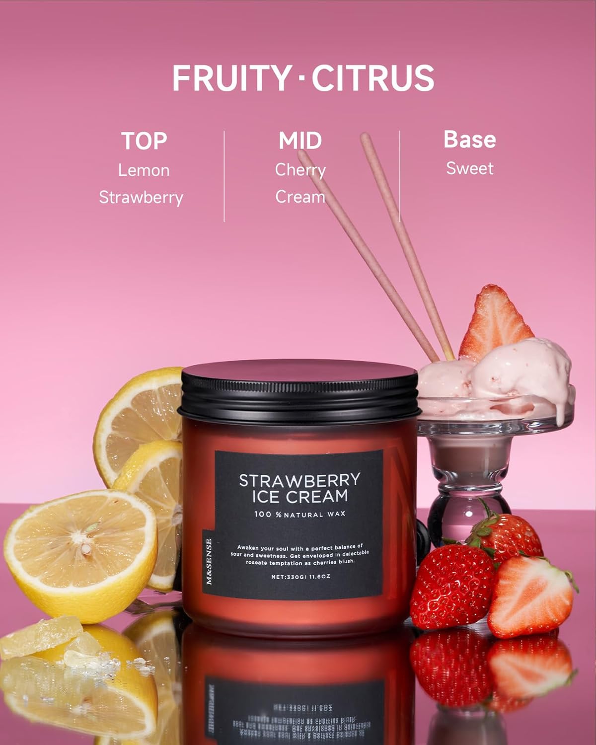 M&SENSE Natural Soy Candles for Home Strawberry Ice Cream Scented, 11.6oz 70 Hours Long Burning Hand Poured Candles Home Decor Housewarming Gift for Women and Men