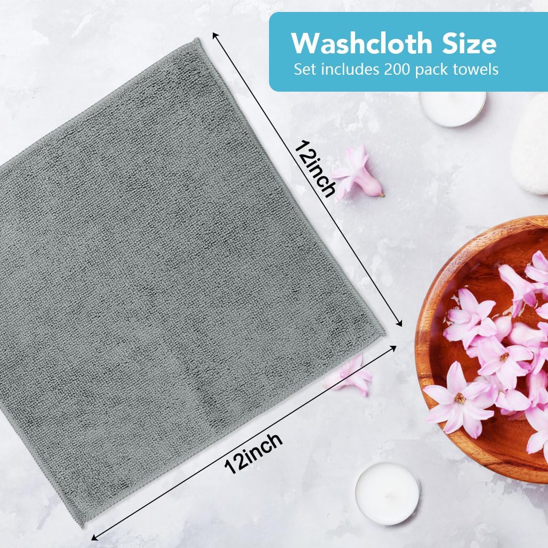 Orighty Wash Cloths Bulk Towels Set 200 Pack, Highly Absorbent and Soft Feel Microfiber Face Cloths, Multi-Purpose Washcloths & Hand Towels for Bathroom, Hotel, Spa, and Gym, 12x12 Inch, Grey