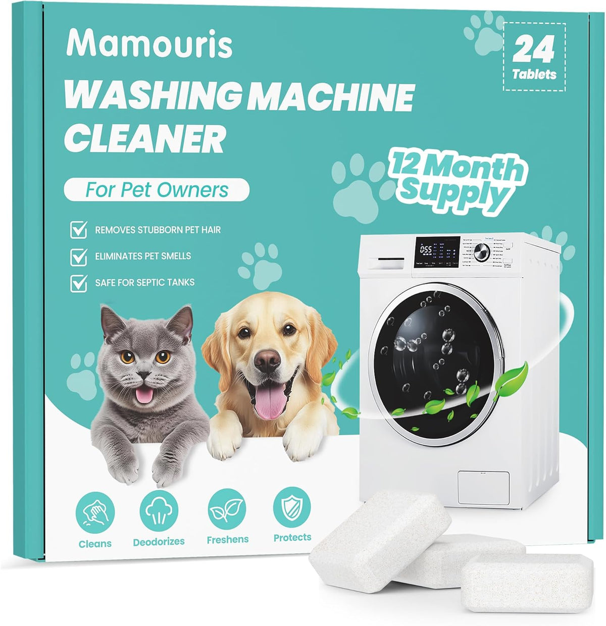Washing Machine Cleaner Tablets: 24 Pack Deep Cleaning For HE, Front Loader & Top Load Washer, Removes Pet Hair, Odors, Formulated for Pet Owners, Septic Safe, 12 Month Supply, 11G