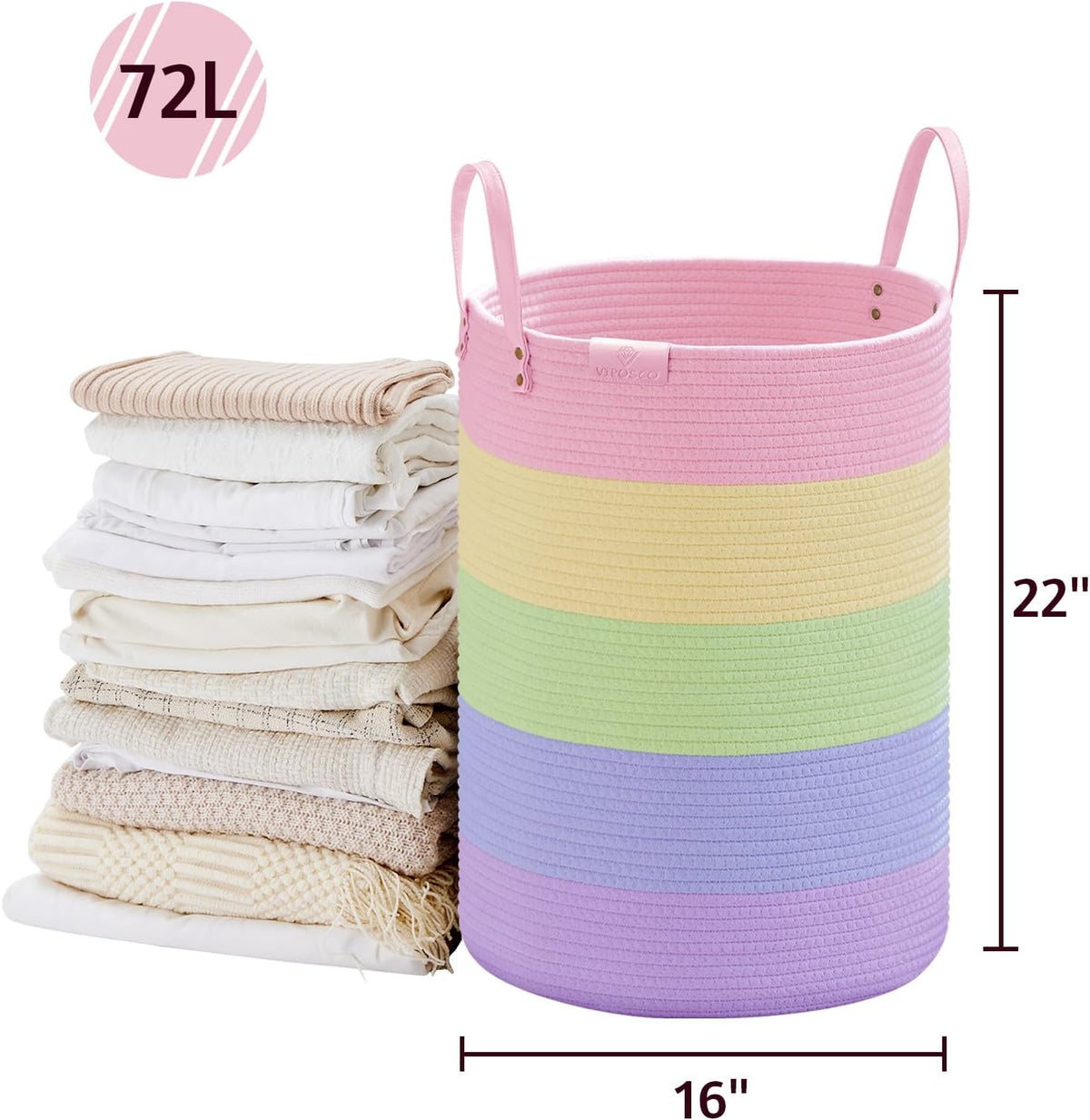 VIPOSCO Tall Laundry Basket, Large Dirty Clothes Hamper with Leather Handle, Woven Rope Storage Basket for Blanket, Toy In Living Room, Bathroom, Bedroom - 72L Rainbow