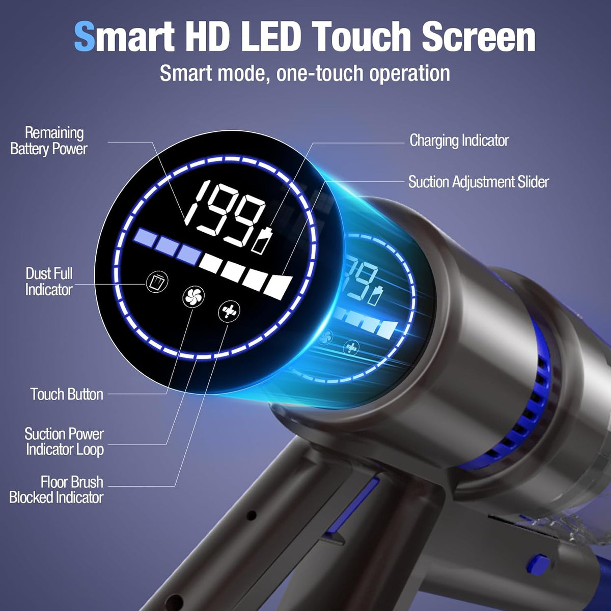 Cordless Vacuum Cleaner, 550W 45KPA 50Min Vacuum Cleaners for Home, Self-Standing Stick Vacuum with Touch Screen, 3 Power Modes, Rechargeable Battery, Handheld Vacuum for Pet Hair/Carpet/Floor