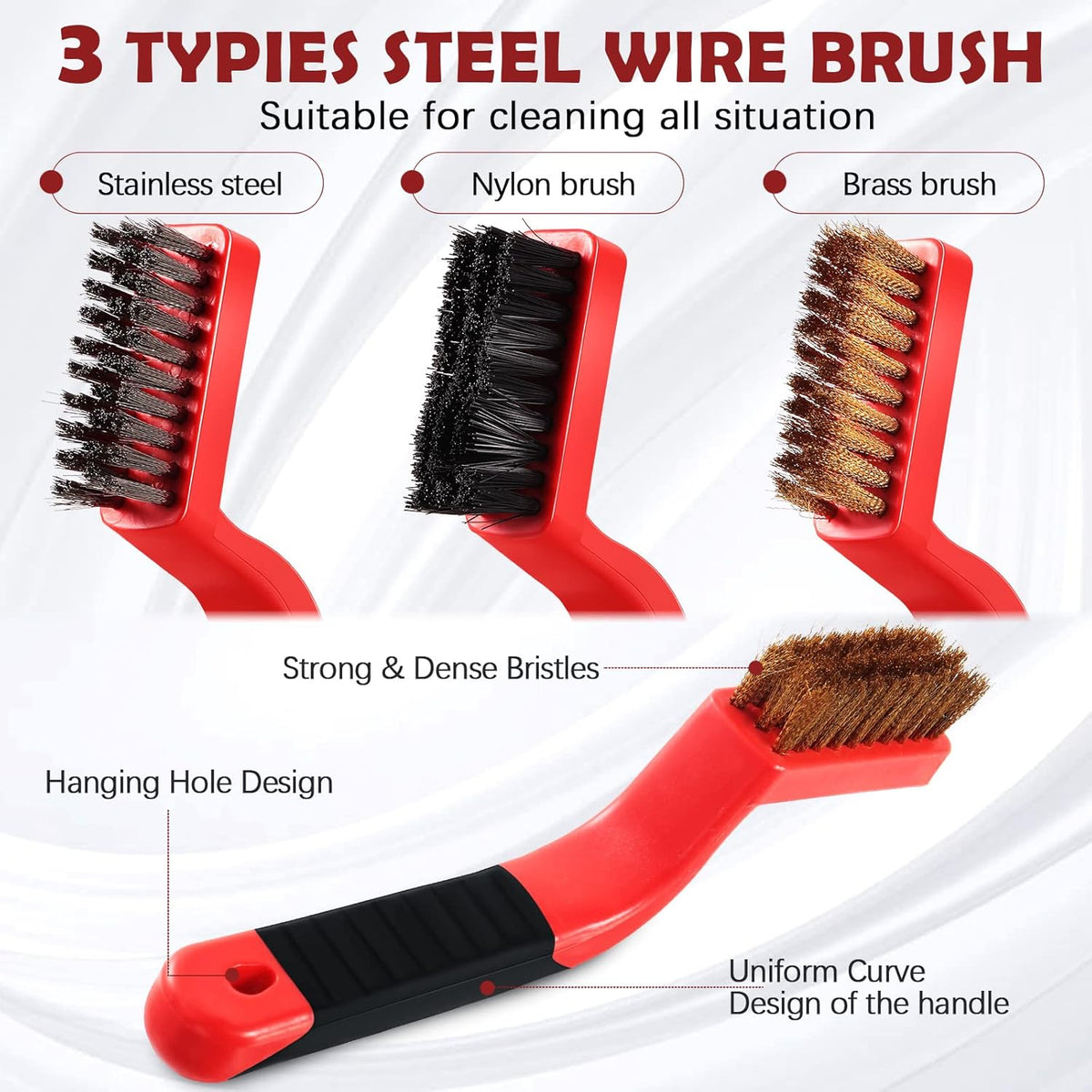 Sumind Wire Cleaning Brush Set Nylon/ Stainless Steel/ Brass Metal Brush with Curved Handle Grip Paint Remover for Cleaning, Rust, Drill, Scrub, Grout Cleaner Tool (15 Pcs,Red and Black)
