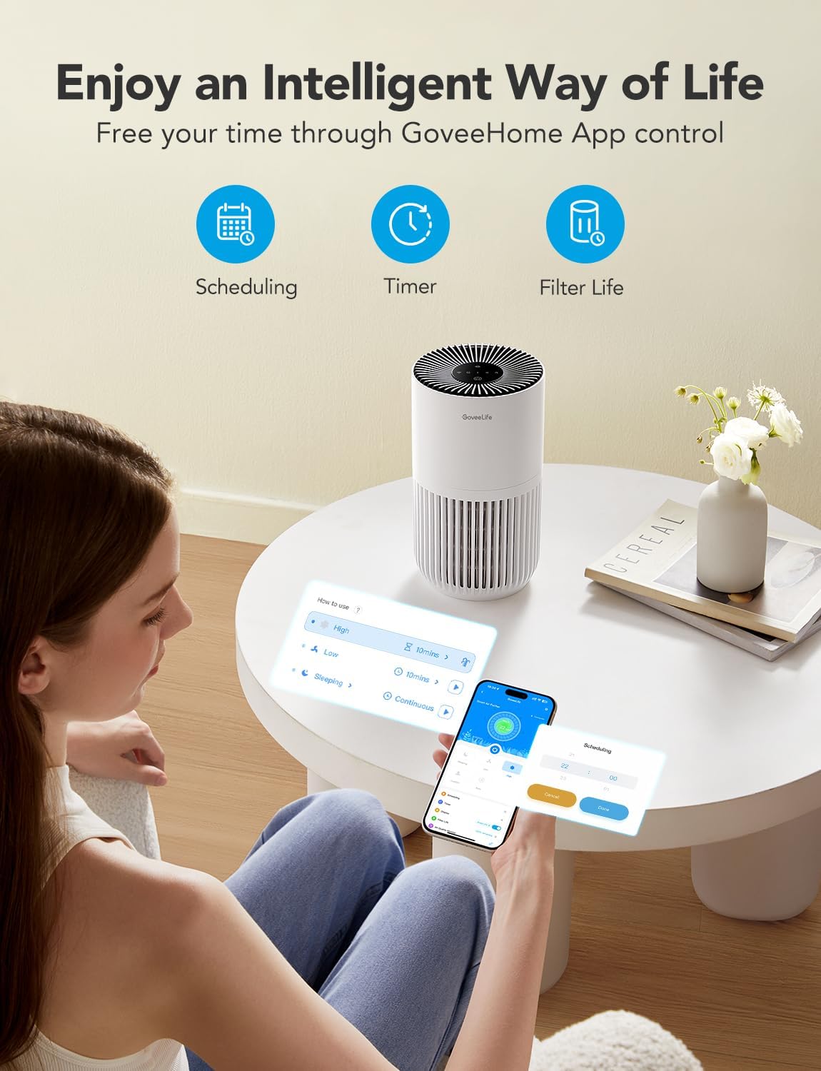 GoveeLife Mini Air Purifier for Bedroom, Smart Filter Air Purifier with App Alexa Control for Pet Hair, Odors, Pollen, Smoke, Portable Air Cleaner with 3 Speeds, 2 Modes, Timer, Aroma for Home