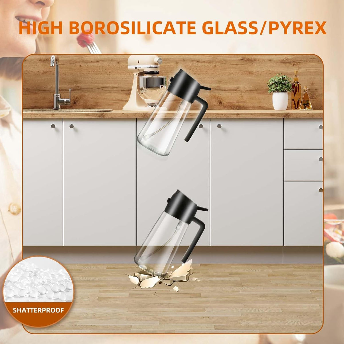 2-in-1 Glass Oil Dispenser & Sprayer - 16oz/470ml Leakproof Bottle for Cooking, Air Fryer, BBQ, Baking, Salad (Transparent Black 1PC)