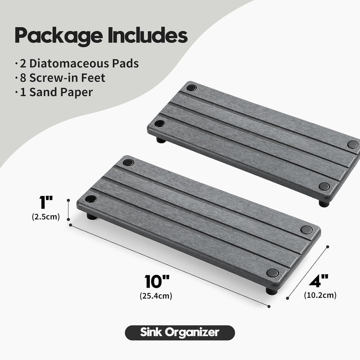 2 Pack Fast Drying Water Absorbing Diatomite Stone Mat Tray for Kitchen & Bathroom Counter - Instant Dry Sink Caddy Organizer - Vanity Holder for Soap and Sponge – Charcoal 10" x 4"