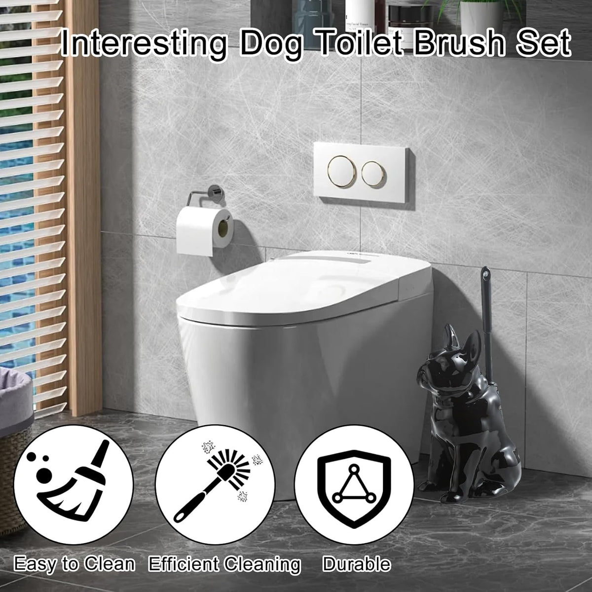 Comeon Ceramic Dog White/Black Toilet Brush and Holder Set, Plastic Handled Scrub Brush for Bathroom Cleaning,13.7"*6.3" (Black)