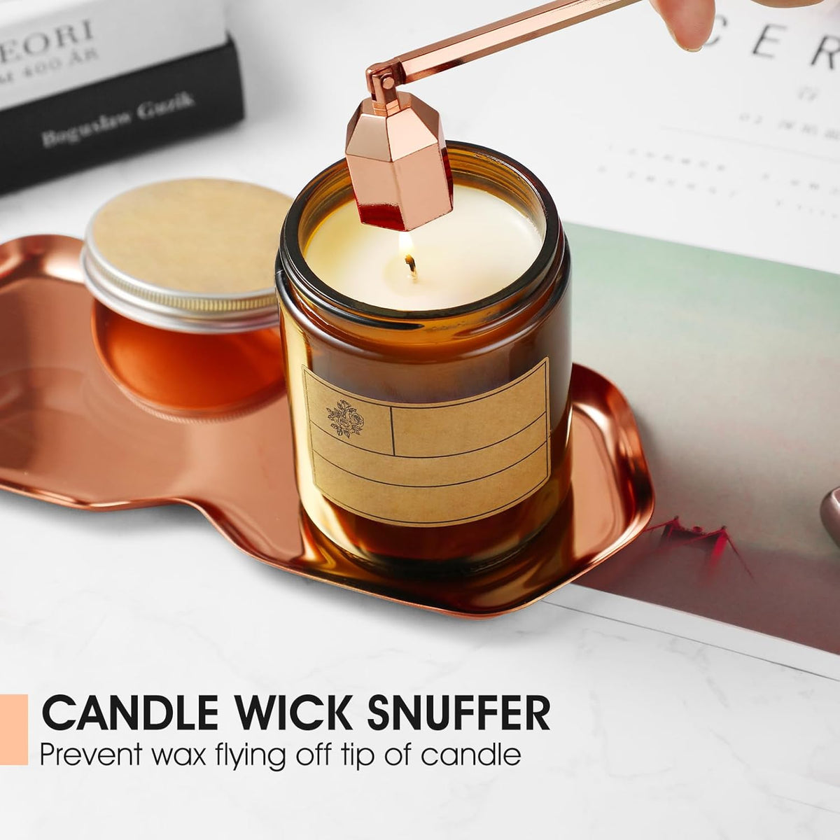 PATOISE 4 in 1 Candle Accessory Set, Wick Trimmer, Candle Snuffer, Wick Scoop,Storage Tray,Perfect for Candle Lovers (Rose Gold)