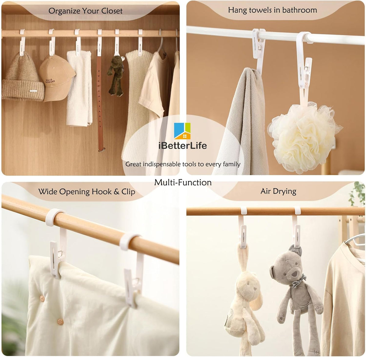 iBetterLife Laundry Hooks Hanging Clips - 8Pcs Heavy Duty Outdoor Clothes Pins, Closet Organizer Single Clip Hangers Clamps Socks Boot Bras Underwear Kids Towels for Bathroom Wardrobe Kitchen Office