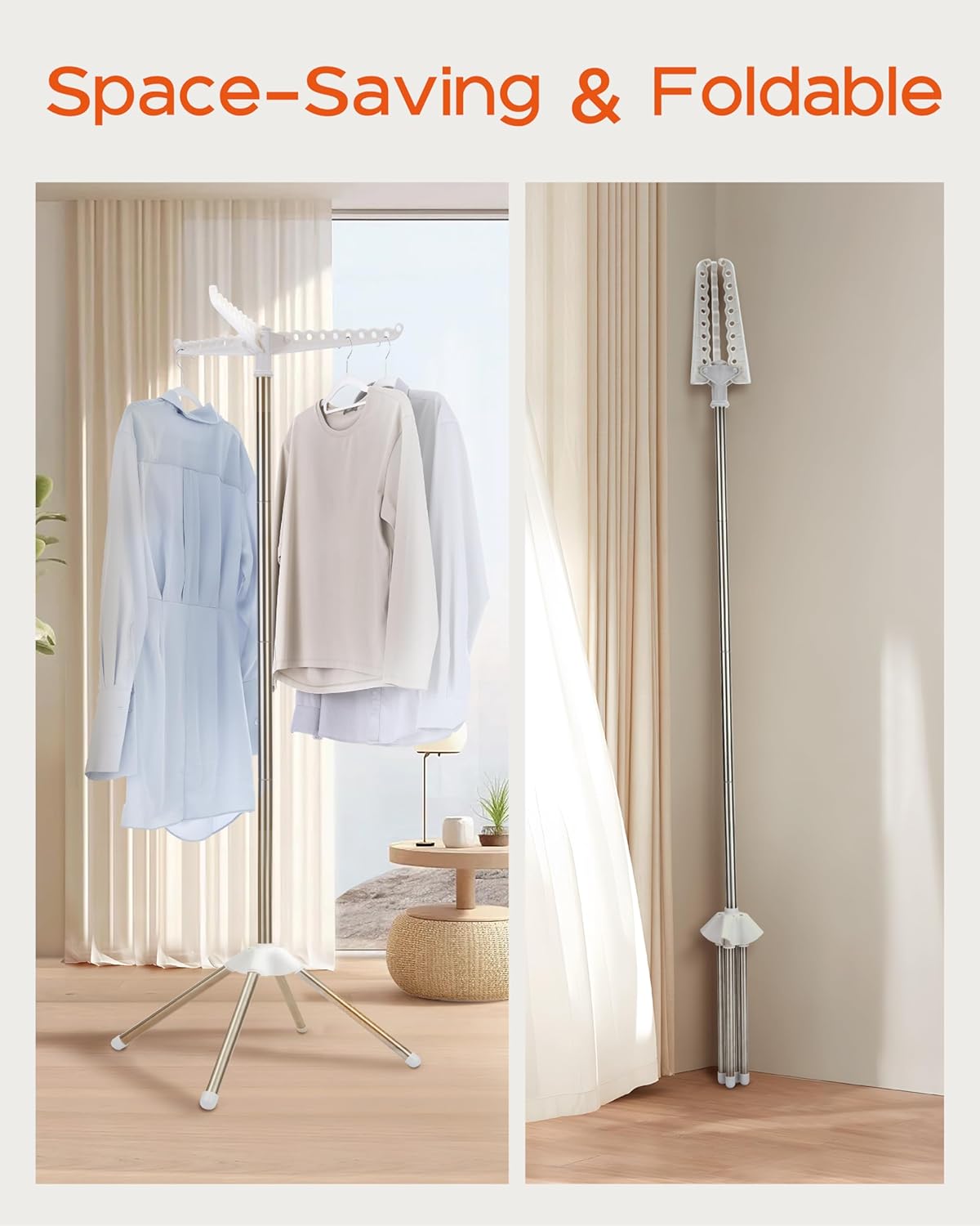 Clothes Drying Rack Foldable, 59 inch Tripod Laundry Drying Rack Indoor with Rotating Clothes Rail for 27 Pieces of Clothes, Space Saving, Stainless Steel, White and Silver CDR001W01