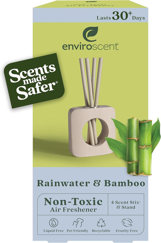 Enviroscent Non-Toxic Air Freshener for Home Essential Oil Diffuser | Fragrance Lasts Over 30 Days | Kit includes 1 Mango Wood Stand & 1 Scent Stix Refill (Rainwater & Bamboo)