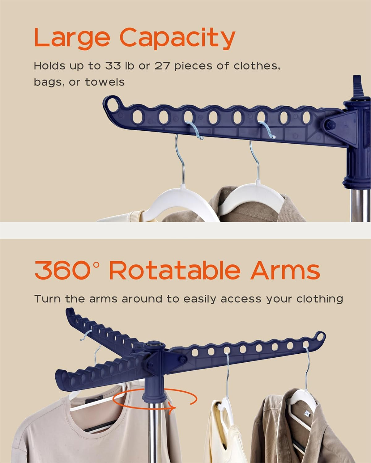 Clothes Drying Rack Foldable, 59 inch Tripod Laundry Drying Rack Indoor with Rotating Clothes Rail for 27 Pieces of Clothes, Space Saving, Blue and Silver CDR001Q01