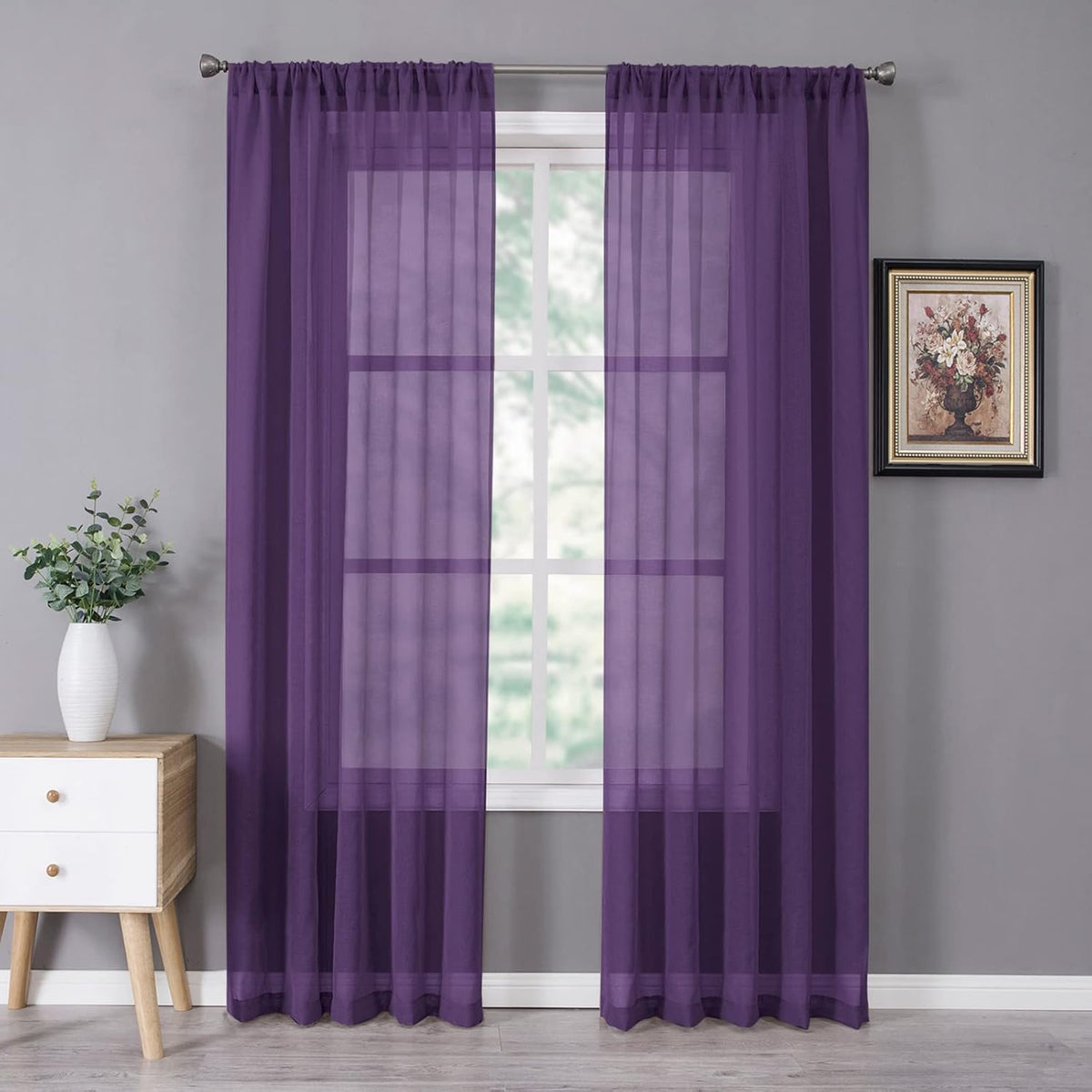 Tollpiz Sheer Curtains Bedroom Linen Textured Curtain Sheers Light Filtering Voile Rod Pocket Curtains for Living Room, 38 x 84 inches Long, Royal Purple, Set of 2 Panels