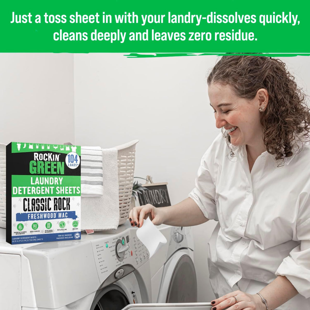 Rockin' Green Travel Laundry Detergent Sheets - Mess-Free Laundry Sheets Detergent Powerful Cleaning with Sodium Bicarbonate - Easily Dissolvable Laundry Soap Sheet (104 Loads, Freshwood Mac)