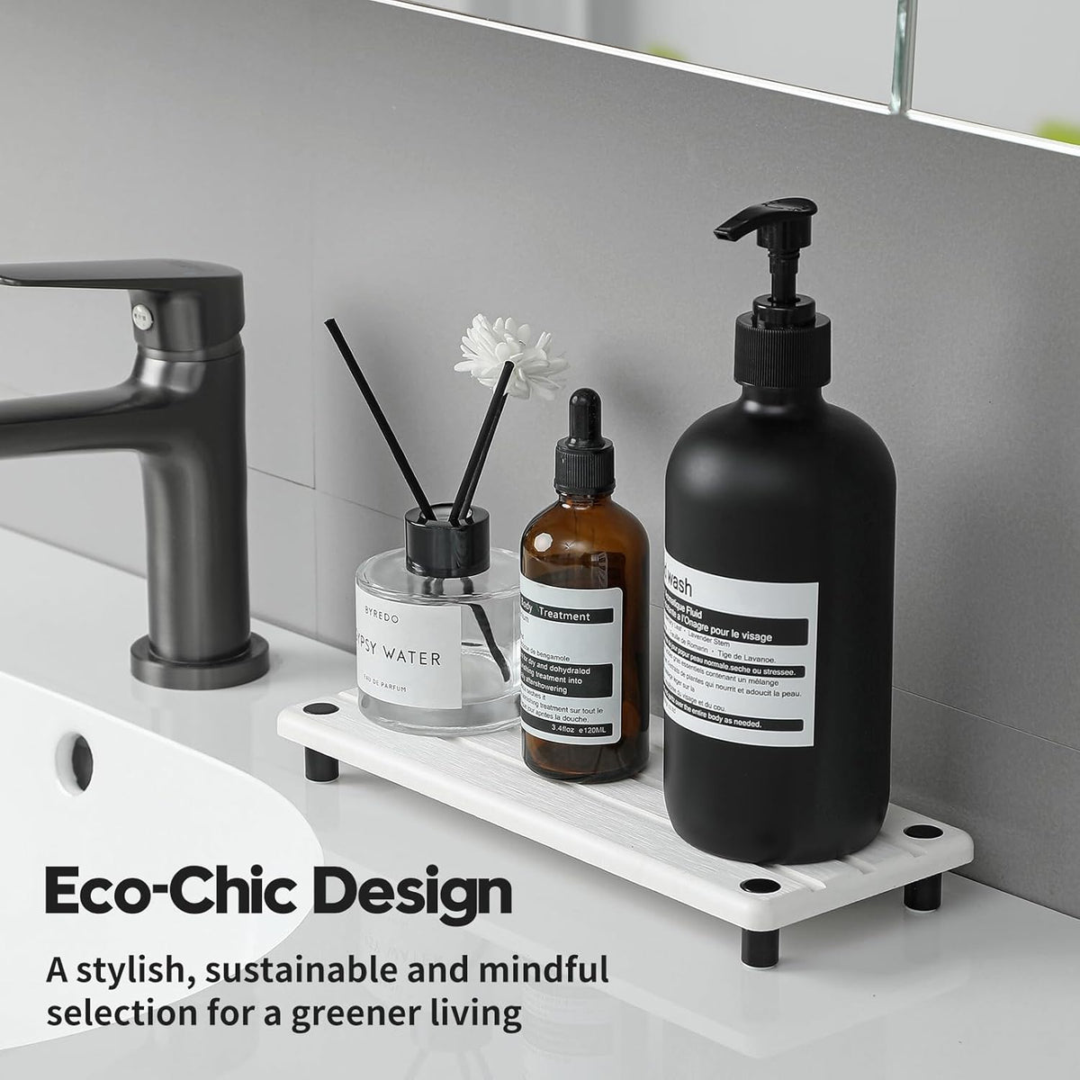 Instant Dry Sink Caddy Kitchen Sink Organizer, Quick Drying Diatomaceous Earth Stone Sink Tray Sponge Holder Soap Dish, Bathroom Countertop Vanity Dispenser Toothbrush Bottle, White, 10" x 4"