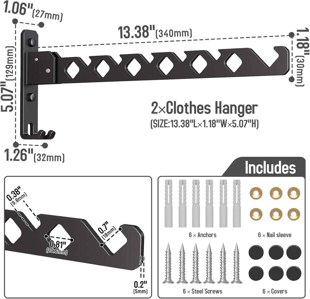 Wall Mounted Clothes Drying Rack, Wall Clothes Hanger Hook for Laundry Room Hanger Foldable, Wall Clothes Rack Indoor, Perfect for Small Spaces, Matte Black 2 Packs