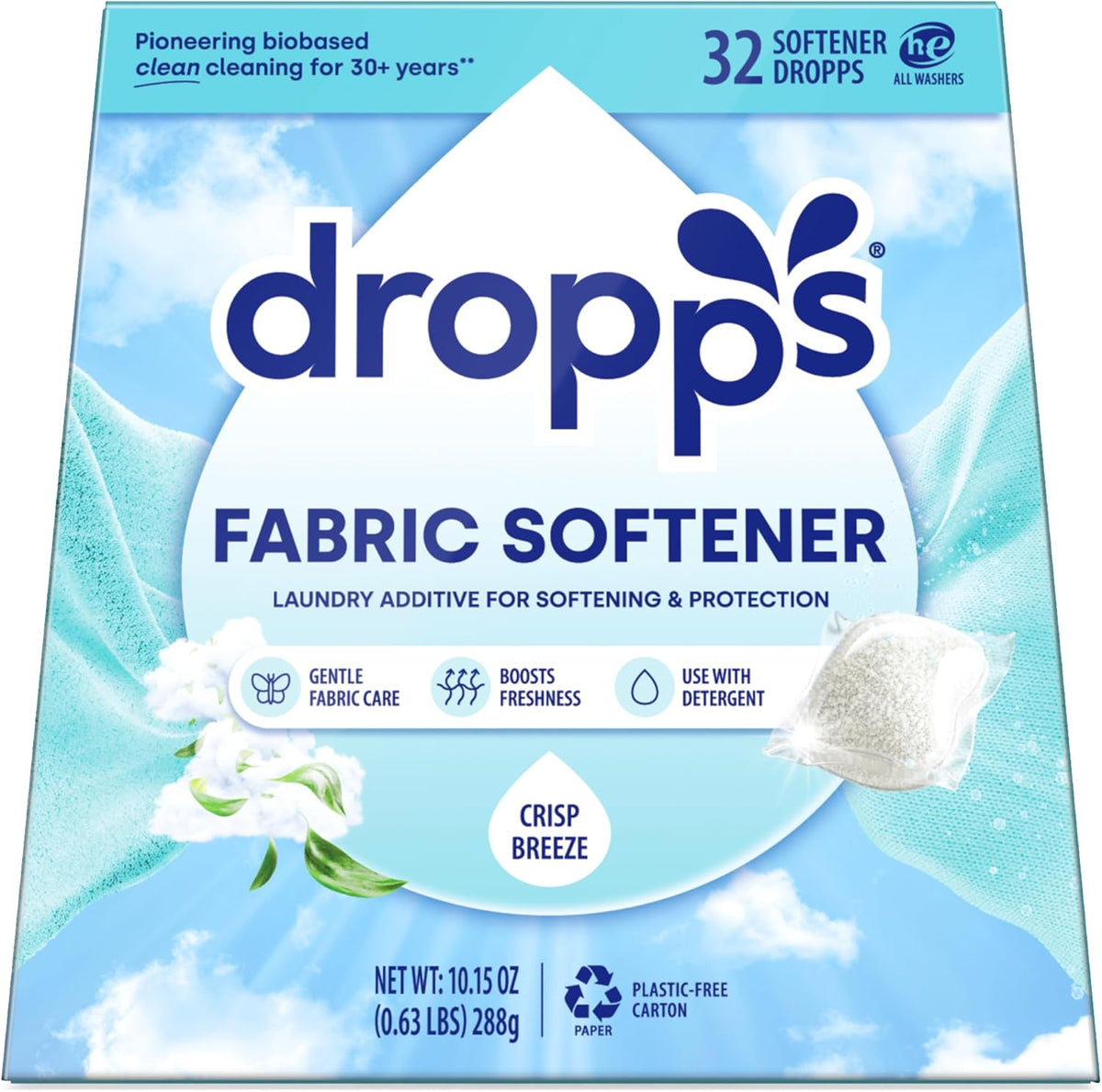 Dropps Laundry Fabric Softener Pods, Crisp Breeze (32 Pods) - Laundry Additive for Softening & Protection - HE Compatible Mineral Based Ingredients Laundry Supplies
