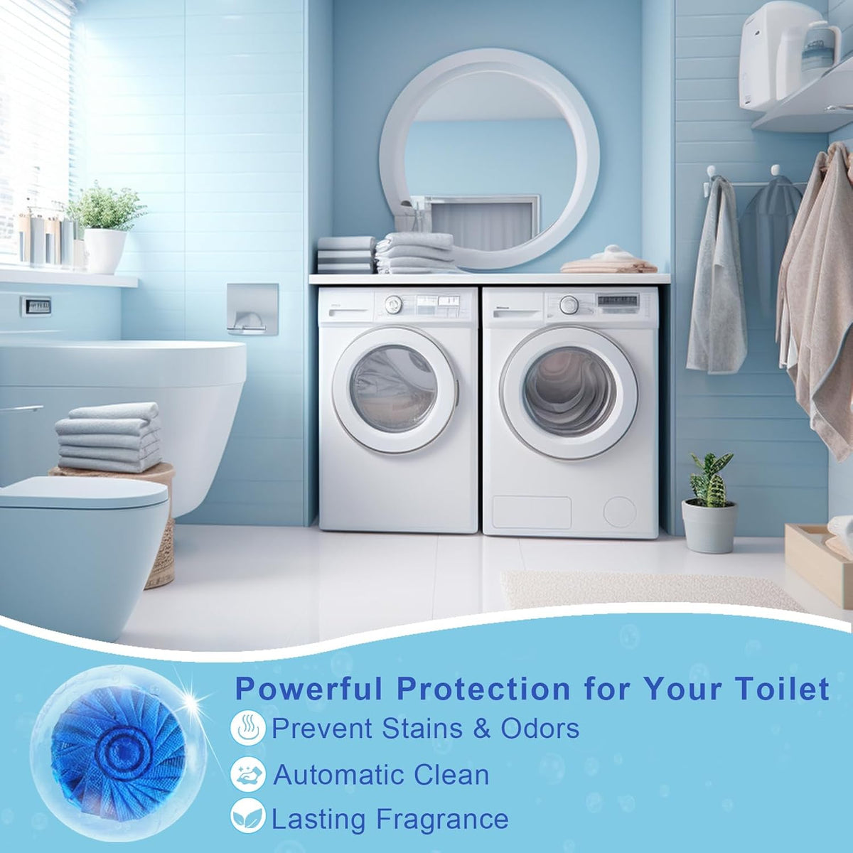 Automatic Toilet Bowl Cleaner Tablets Blue Gel Toilet Tank Cleaners, Septic-Safe Hard Water Ring Stain Remover, Prevent Stain Build Up Bathroom Cleaning & Deodorizer - 60 Tabs