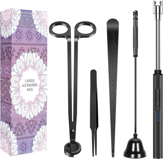 5 in 1 Candle Accessory Set,Candle Wick Trimmer Cutter,Candle Wick Dipper,Candle Wick Snuffer,Rechargeable Candle Lighter,Tweezers,Stainless Steel Candle Care Kit Home Gift for Aromatherapy(Black)