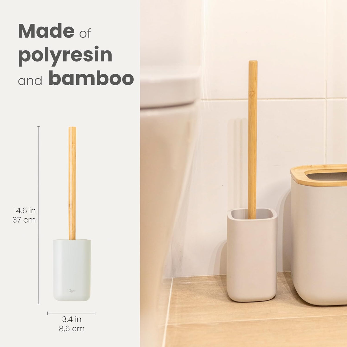Vigar Zense Toilet Brush and Holder Set, Toilet Bowl Brush with Polyresin Stone Holder, Bathroom Sets for Bathroom Decor and Accessories, Light Gray