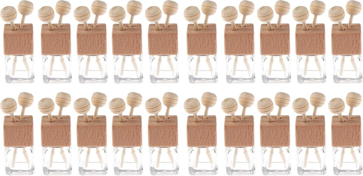 20 Pack,8ml Clear Glass Car Air Freshener Perfume Clip Diffuser,Empty Essential Oil Perfume Vials Diffuser Vent Outlet,Thick Glass Ornament with Wooden Caps,Free Funnel,Dropper