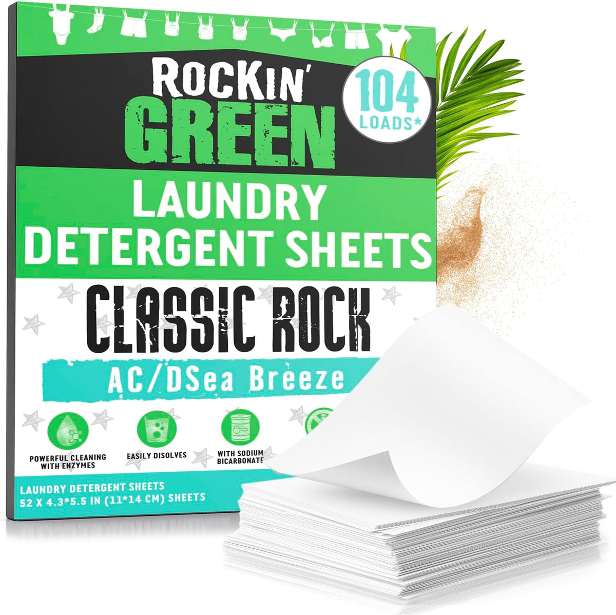 Rockin' Green Travel Laundry Detergent Sheets - Mess-Free Laundry Sheets Detergent Powerful Cleaning with Sodium Bicarbonate - Easily Dissolvable Laundry Soap Sheet (104 Loads, AC/DSea Breeze)