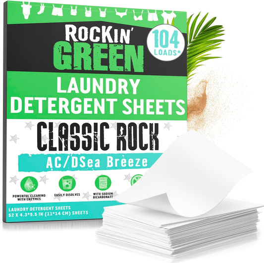 Rockin' Green Travel Laundry Detergent Sheets - Mess-Free Laundry Sheets Detergent Powerful Cleaning with Sodium Bicarbonate - Easily Dissolvable Laundry Soap Sheet (104 Loads, AC/DSea Breeze)