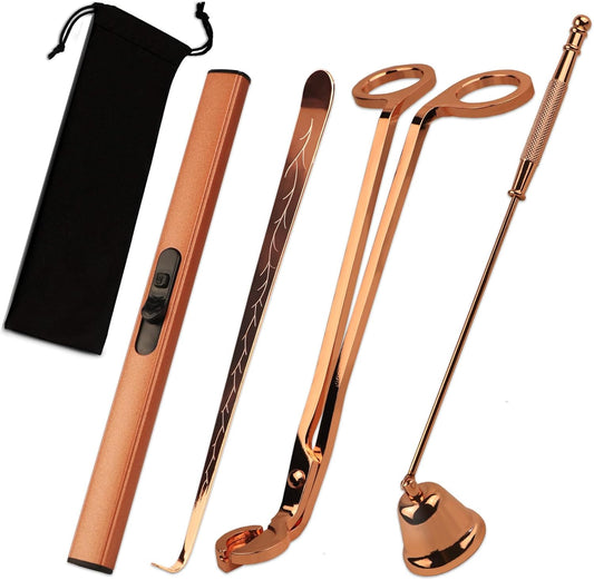 4 in 1 Elegant Candle Accessory Set, Rechargeable Lighter, Candle Wick Trimmer Cutter, Candle Snuffer & Candle Wick Dipper Candle Care Kit for Candle Aromatherapy Lover (Rose Golden)