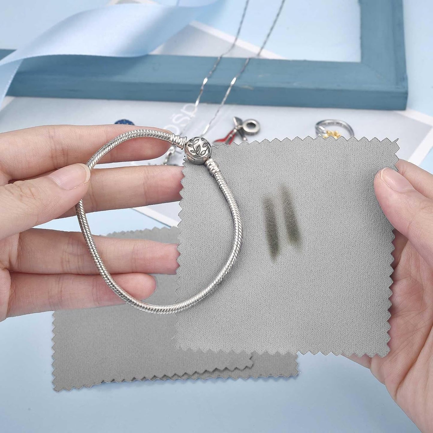 SEVENWELL 50pcs Jewelry Cleaning Cloth Gray Polishing Cloth for Sterling Silver Gold Platinum Small Silver Polish 8x8cm