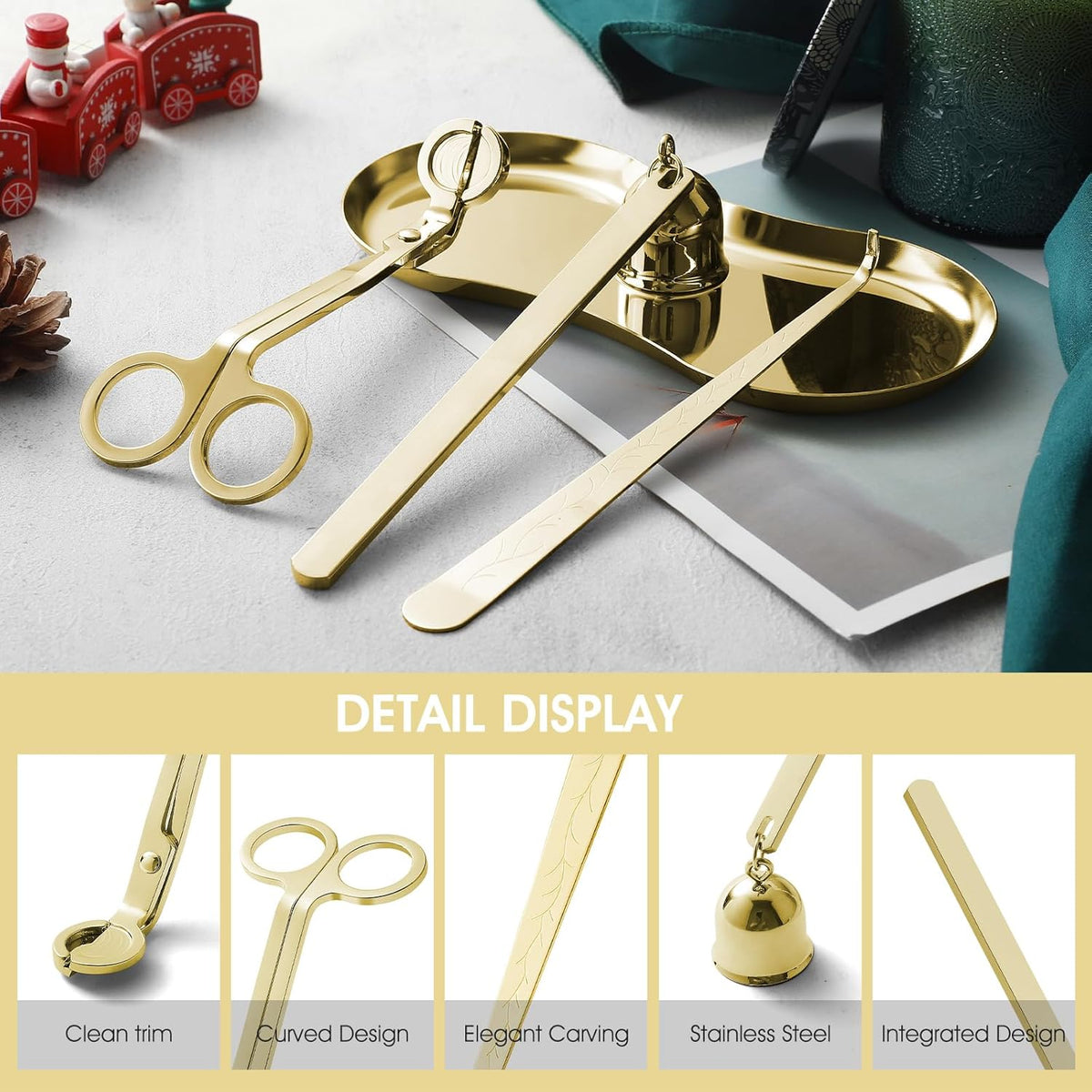 PATOISE 3 in 1 Candle Accessory Set, Candle Wick Trimmer Cutter Mini, Candle Snuffer, Candle Wick Dipper in Gift Package for Candle Aromatherapy Lovers(3PCS Gold)