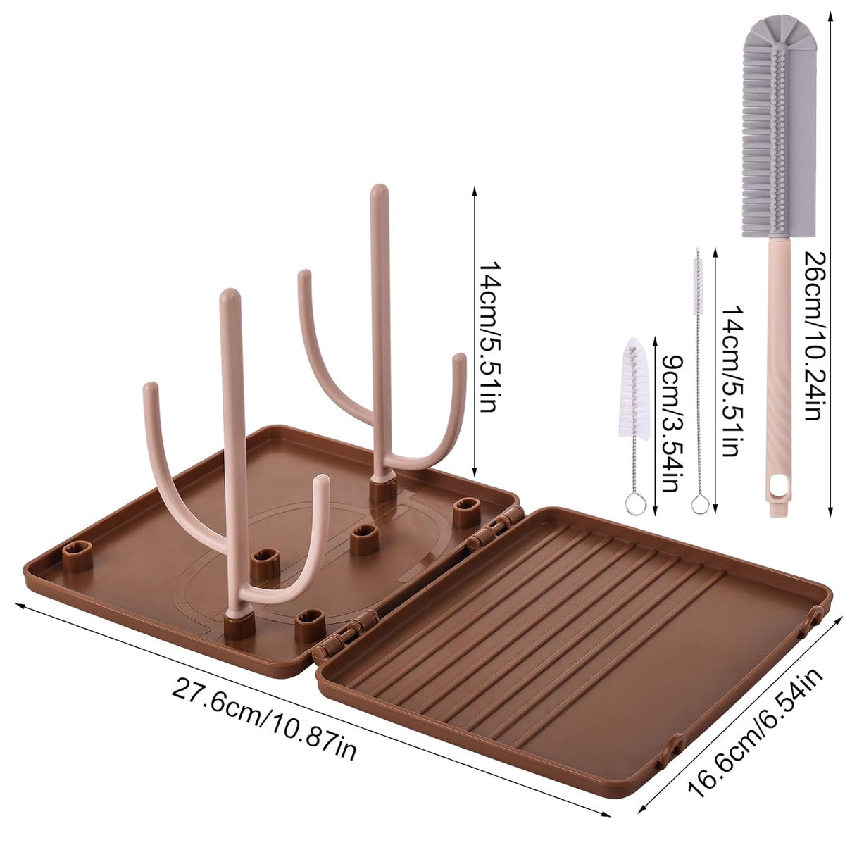 Baby Bottle Drying Rack，Travel Baby Bottle Drying Rack Set, Cleaner Kit with Silicone Bottle Brush,Straw Brush, Suitable for Home use or Traveling with Babies (Coffee Color)